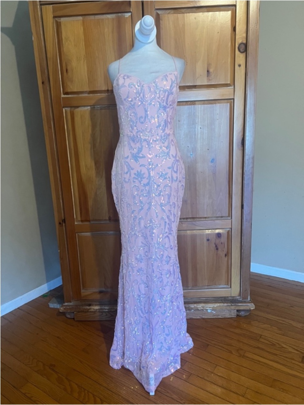 New Lulus Elegant Pink & Blue Sequin Strapless Mermaid Evening Gown Sz US XL - Picture 2 of 9